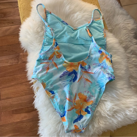 Aqua Blue Floral One Piece Strappy Swim Suit - Picture 2 of 10